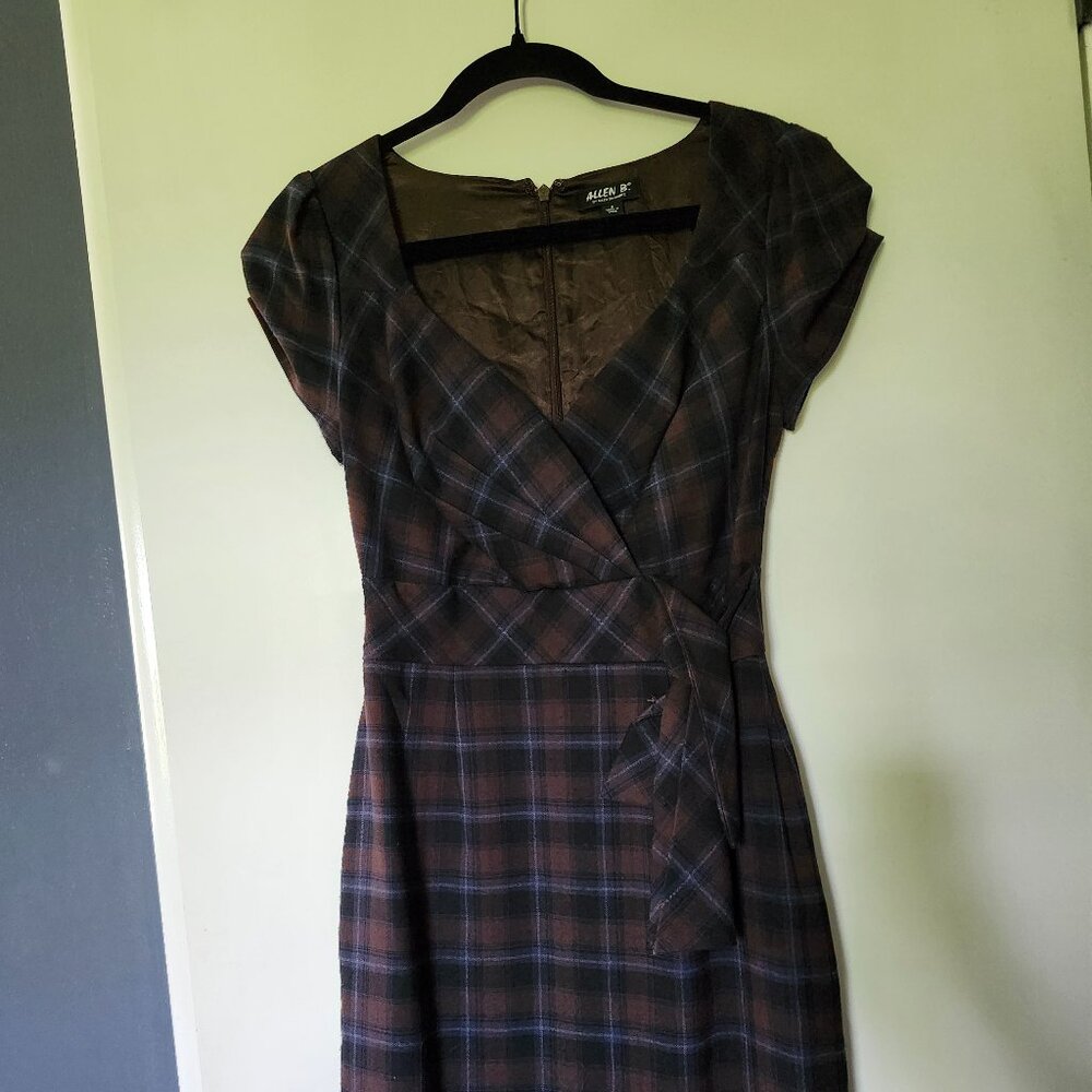 Allen B by Allen Schwartz brown and blue plaid cap sleeve knee length dress
